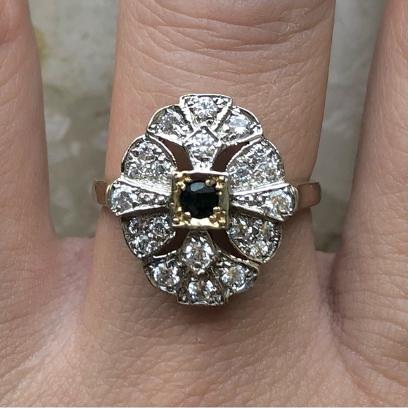 Art Deco Sapphire Ring Yellow Gold Lab Diamond Halo Vintage Ring - Picture 5 of 11